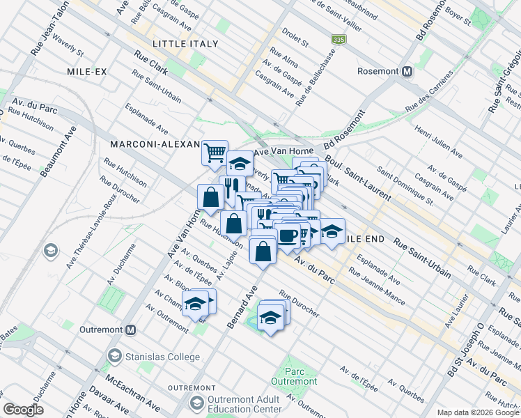 map of restaurants, bars, coffee shops, grocery stores, and more near 5935 Rue Jeanne-Mance in Montréal