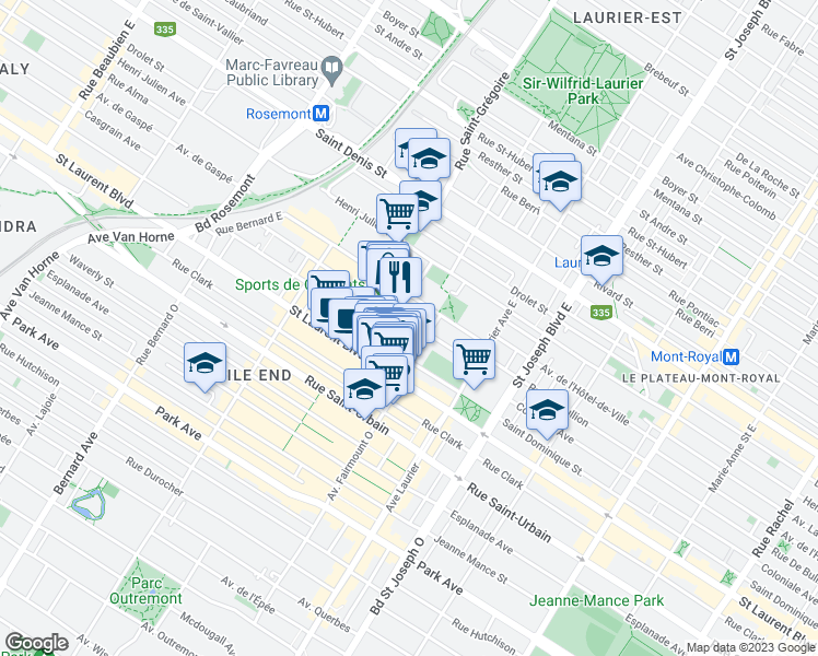 map of restaurants, bars, coffee shops, grocery stores, and more near 5240 Avenue Casgrain in Montréal