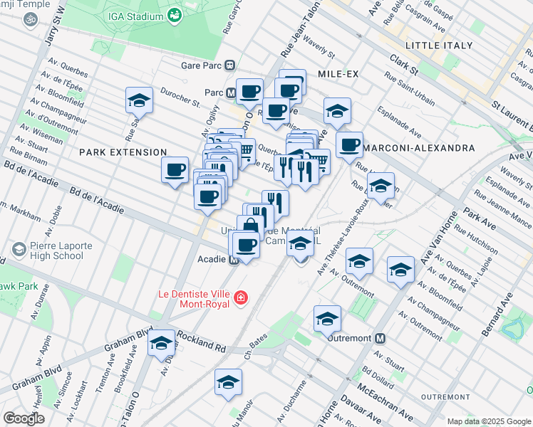 map of restaurants, bars, coffee shops, grocery stores, and more near 6900 Avenue d'Outremont in Montréal