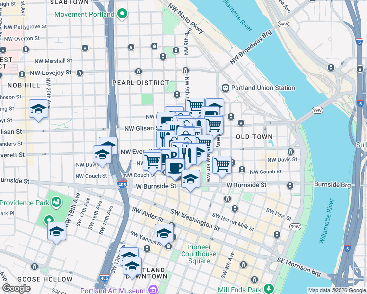 map of restaurants, bars, coffee shops, grocery stores, and more near 333 Northwest 9th Avenue in Portland