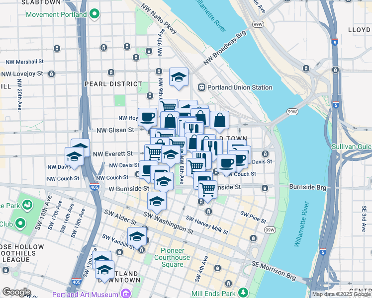 map of restaurants, bars, coffee shops, grocery stores, and more near 700 Northwest Everett Street in Portland