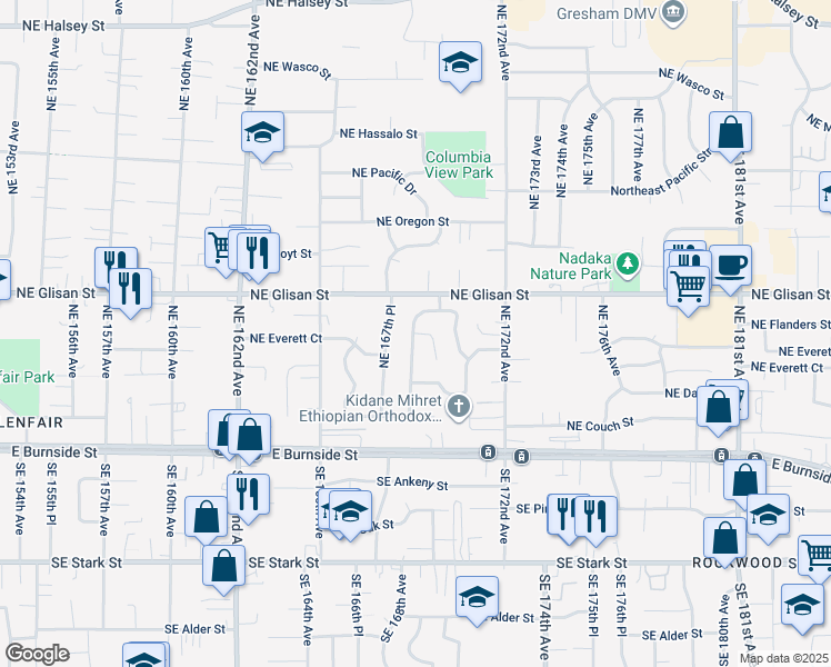 map of restaurants, bars, coffee shops, grocery stores, and more near 15931 Northeast Everett Court in Portland