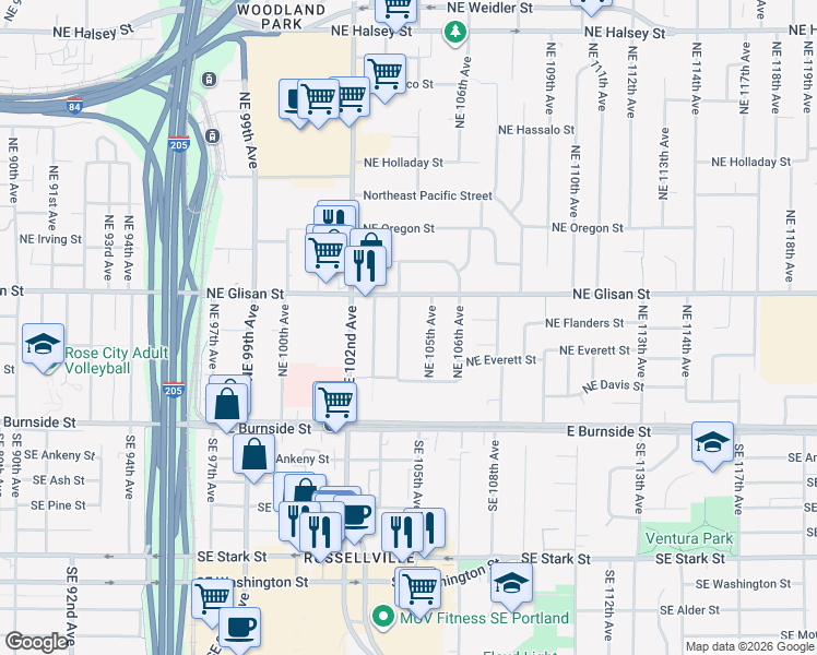map of restaurants, bars, coffee shops, grocery stores, and more near 310 Northeast 104th Avenue in Portland