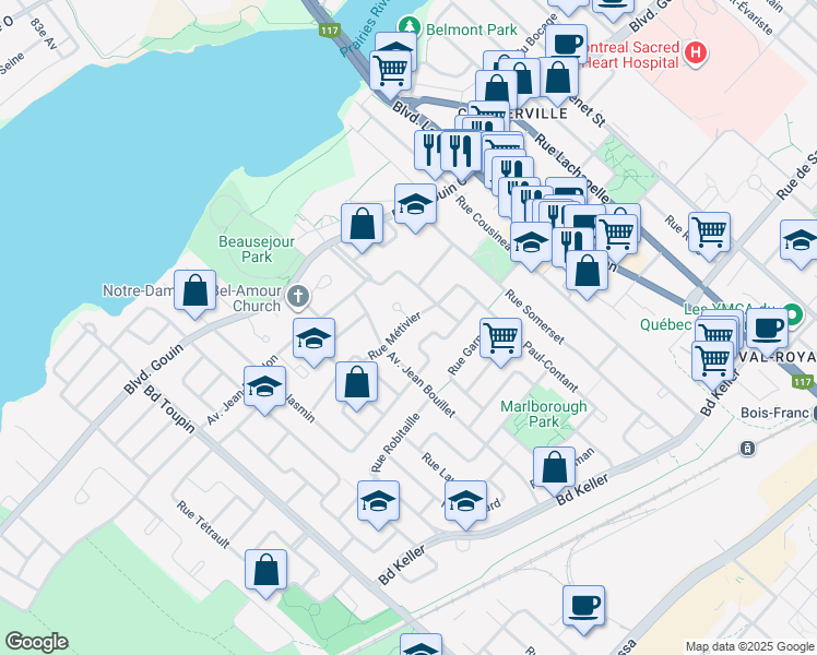 map of restaurants, bars, coffee shops, grocery stores, and more near 6804A Rue Métivier in Montréal