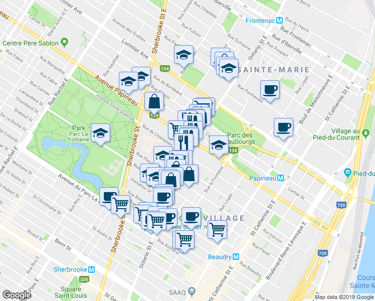 map of restaurants, bars, coffee shops, grocery stores, and more near 1653 Rue Ontario Est in Montréal
