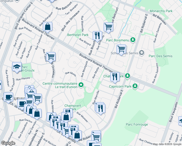 map of restaurants, bars, coffee shops, grocery stores, and more near 692 Rue Mondor in Longueuil