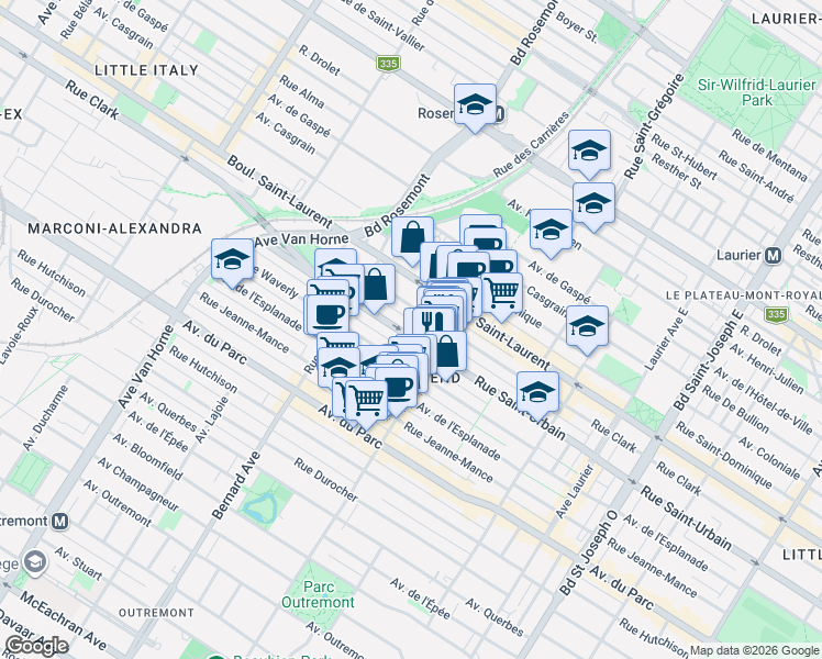 map of restaurants, bars, coffee shops, grocery stores, and more near 5615 Rue Saint-Urbain in Montréal