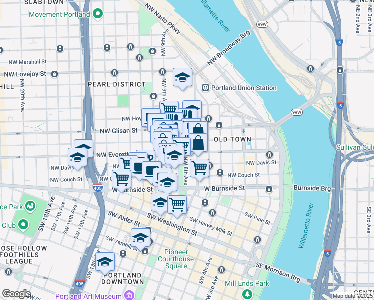map of restaurants, bars, coffee shops, grocery stores, and more near in Portland