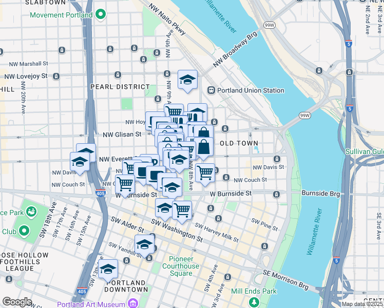 map of restaurants, bars, coffee shops, grocery stores, and more near 235 Northwest Park Avenue in Portland