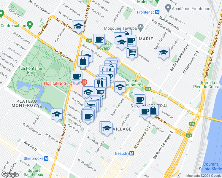 map of restaurants, bars, coffee shops, grocery stores, and more near 1930 Avenue Papineau in Montréal