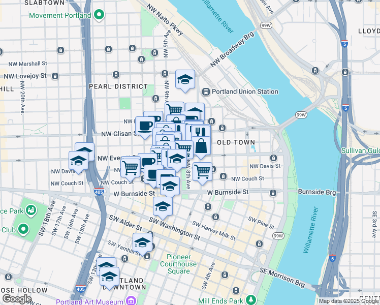 map of restaurants, bars, coffee shops, grocery stores, and more near in Portland