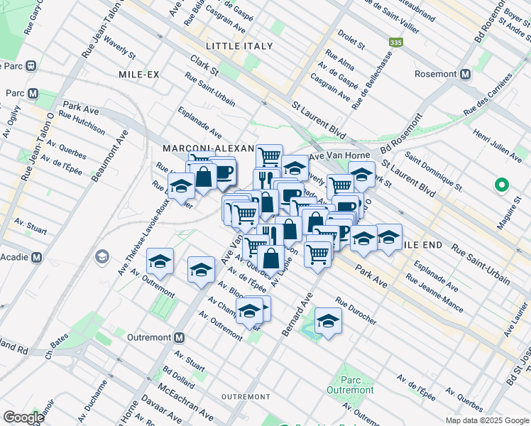 map of restaurants, bars, coffee shops, grocery stores, and more near 6056 Avenue du Parc in Montréal