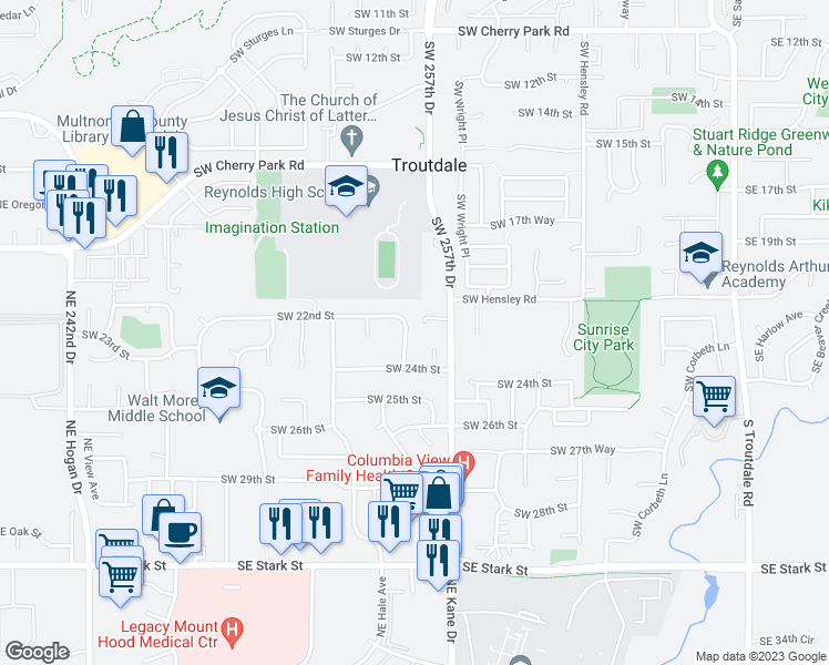 map of restaurants, bars, coffee shops, grocery stores, and more near 2246 Southwest Indian John Street in Troutdale