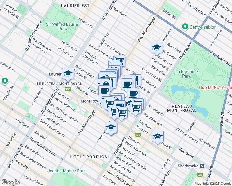 map of restaurants, bars, coffee shops, grocery stores, and more near 4425 Rue Saint-Hubert in Montréal