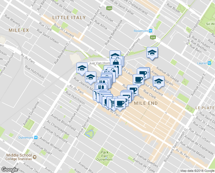 map of restaurants, bars, coffee shops, grocery stores, and more near 151 Rue Bernard Ouest in Montréal