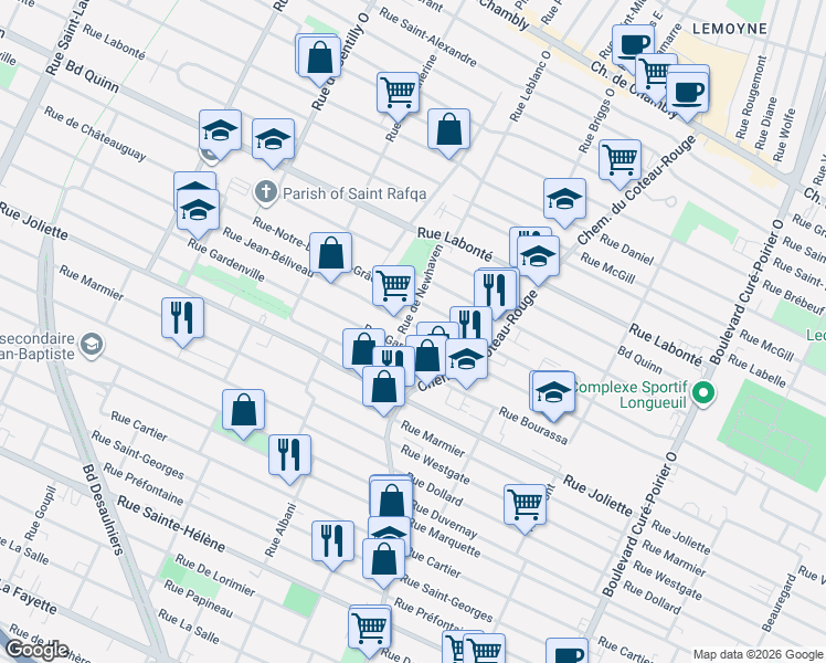map of restaurants, bars, coffee shops, grocery stores, and more near 1160 Rue Jean-Béliveau in Longueuil