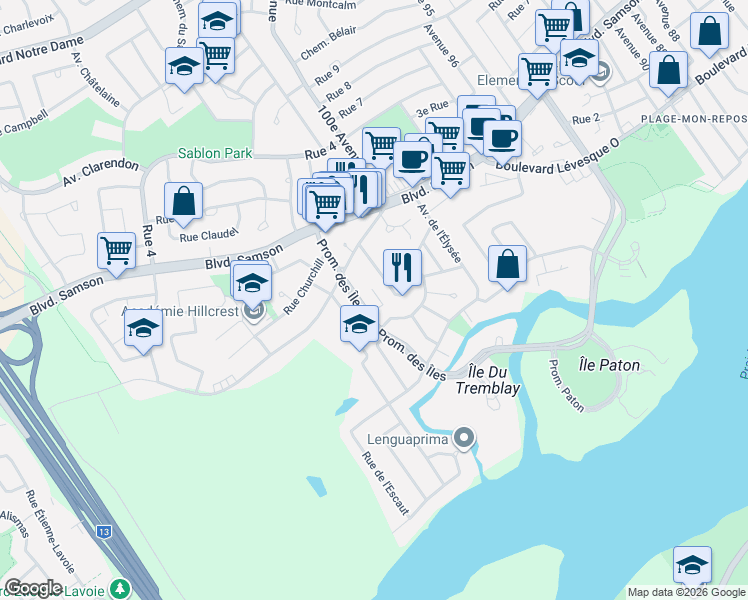 map of restaurants, bars, coffee shops, grocery stores, and more near 175 Promenade des Îles in Laval