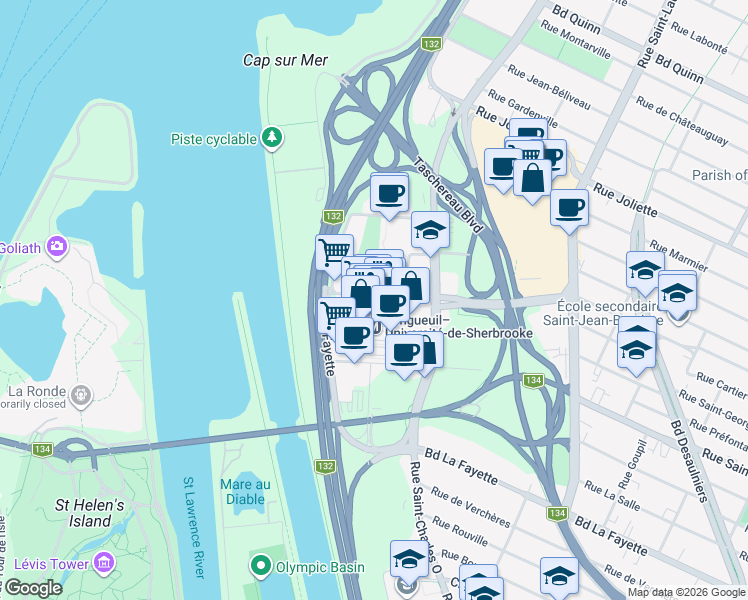 map of restaurants, bars, coffee shops, grocery stores, and more near 900 Rue de Sérigny in Longueuil