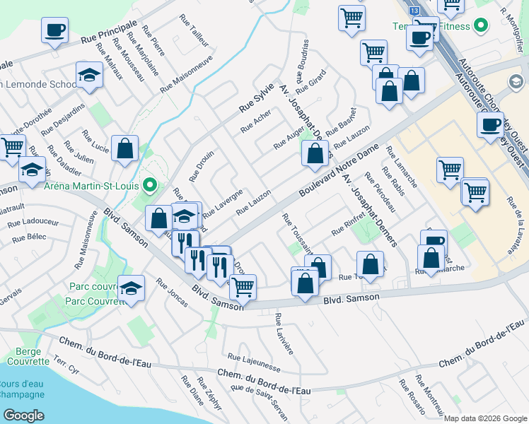 map of restaurants, bars, coffee shops, grocery stores, and more near 7317 Boulevard Notre-Dame in Laval