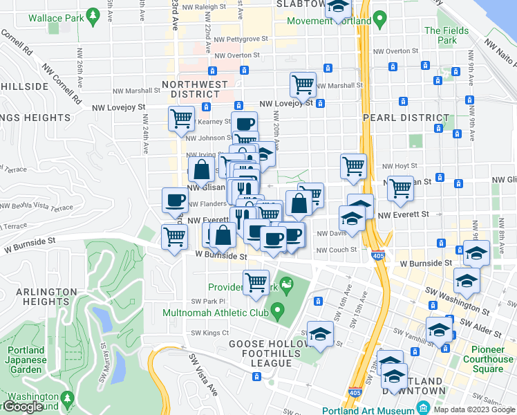 map of restaurants, bars, coffee shops, grocery stores, and more near 2046 Northwest Flanders Street in Portland