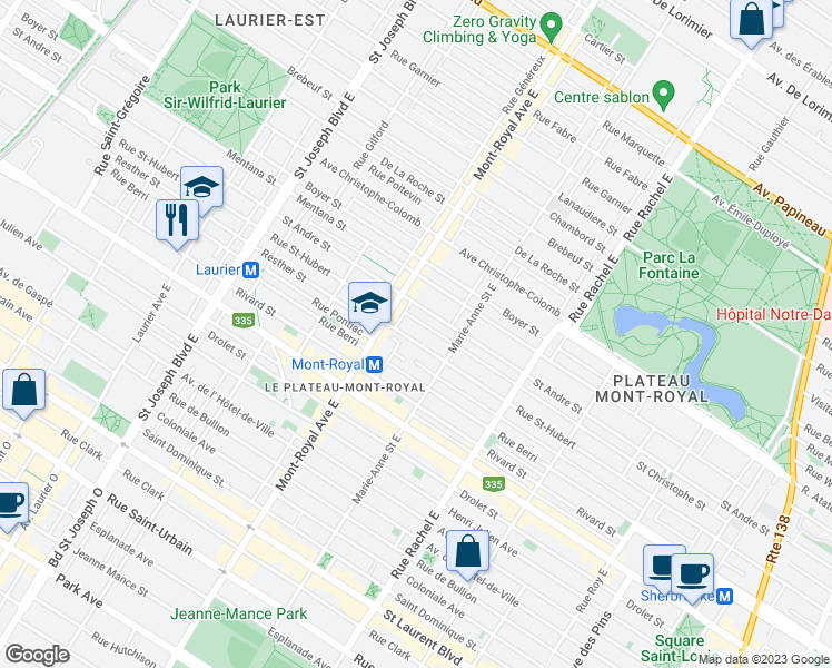 map of restaurants, bars, coffee shops, grocery stores, and more near 4425 Rue Saint-Hubert in Montréal