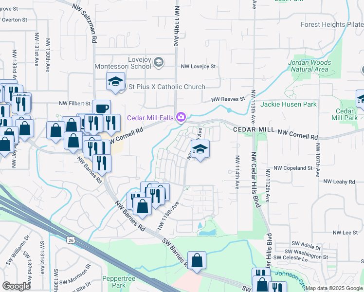 map of restaurants, bars, coffee shops, grocery stores, and more near Northwest Falling Waters Lane in Beaverton