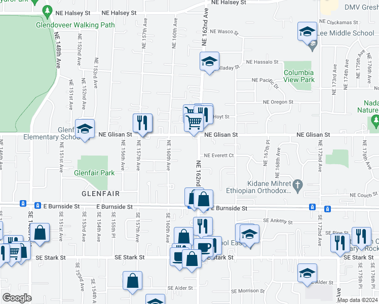 map of restaurants, bars, coffee shops, grocery stores, and more near 16057 Northeast Everett Court in Portland