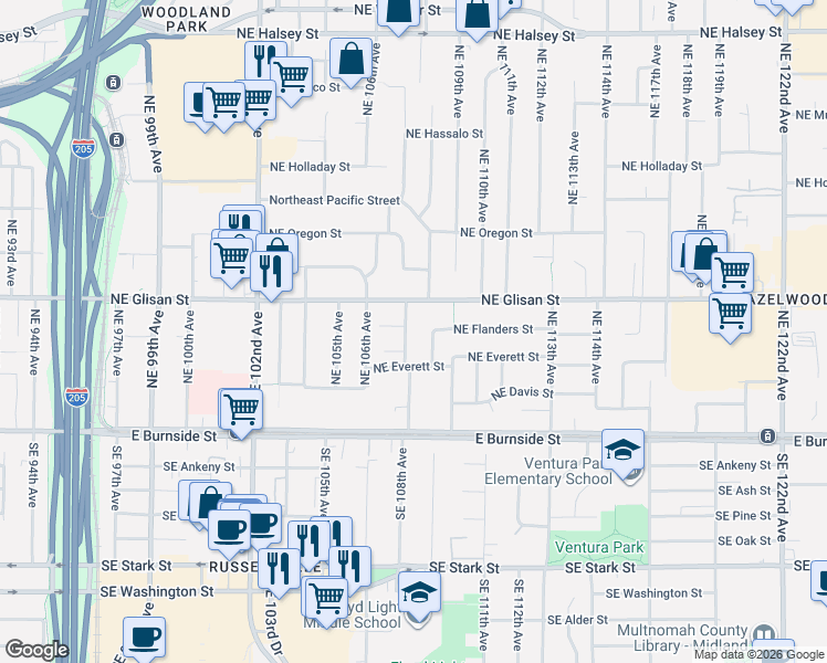 map of restaurants, bars, coffee shops, grocery stores, and more near 341 Northeast 108th Place in Portland
