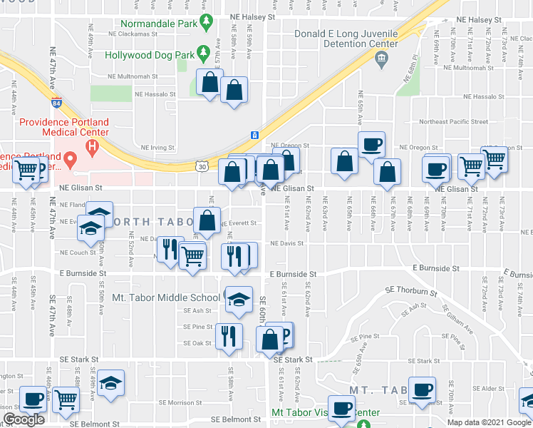 map of restaurants, bars, coffee shops, grocery stores, and more near 5932 Northeast Everett Street in Portland