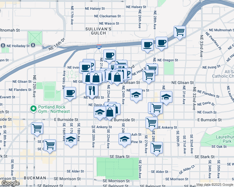 map of restaurants, bars, coffee shops, grocery stores, and more near 2216 Northeast Everett Street in Portland
