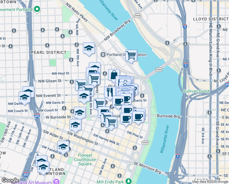 map of restaurants, bars, coffee shops, grocery stores, and more near 301 Northwest Everett Street in Portland