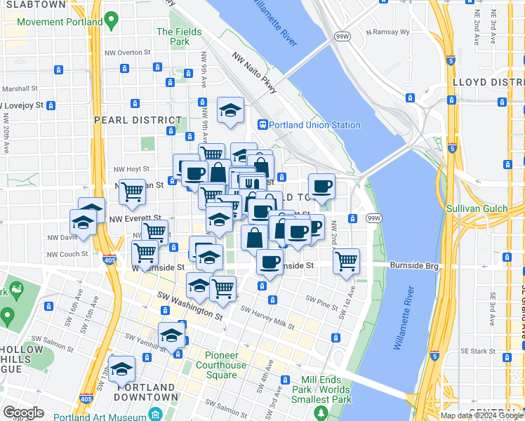 map of restaurants, bars, coffee shops, grocery stores, and more near 700 Northwest Everett Street in Portland