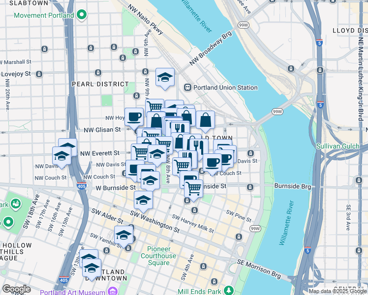 map of restaurants, bars, coffee shops, grocery stores, and more near 700 Northwest Everett Street in Portland