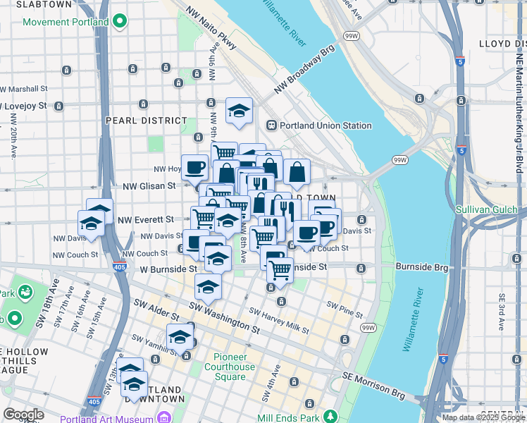 map of restaurants, bars, coffee shops, grocery stores, and more near 700 Northwest Everett Street in Portland