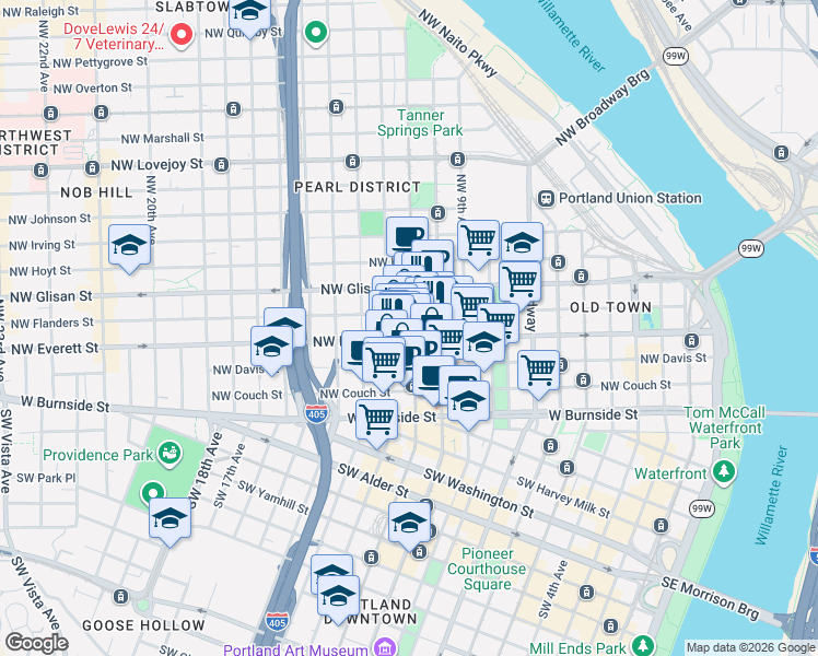map of restaurants, bars, coffee shops, grocery stores, and more near 420 Northwest 11th Avenue in Portland