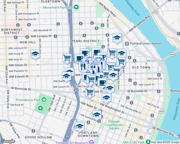 map of restaurants, bars, coffee shops, grocery stores, and more near 1200 Northwest Everett Street in Portland