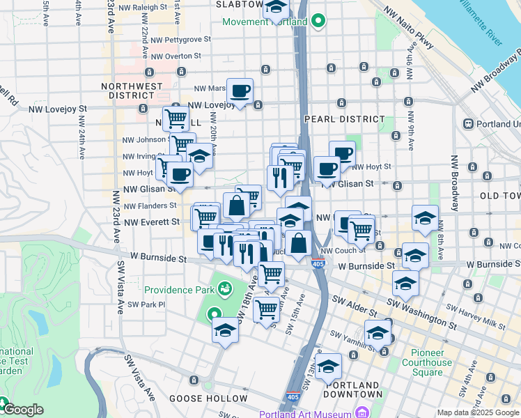 map of restaurants, bars, coffee shops, grocery stores, and more near 1810 Northwest Everett Street in Portland