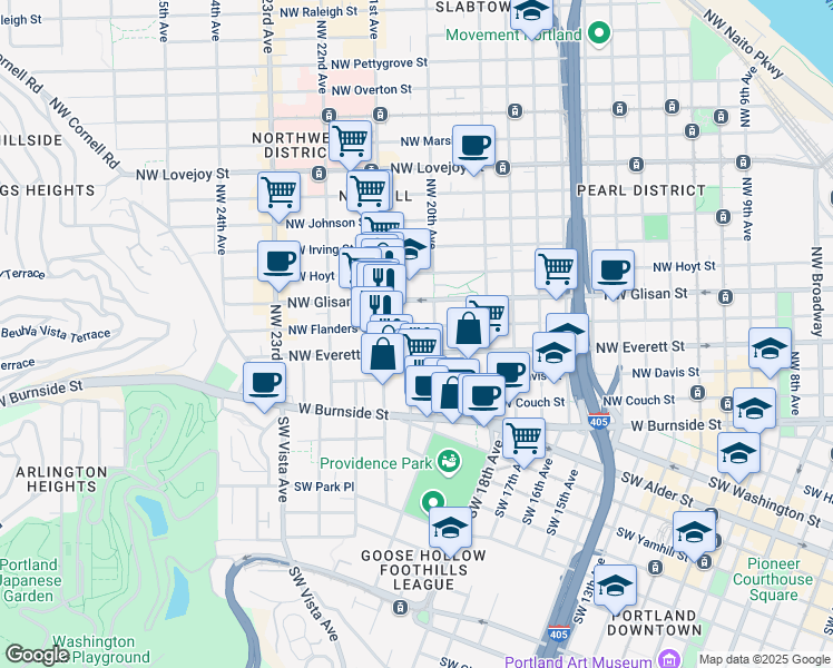 map of restaurants, bars, coffee shops, grocery stores, and more near 311 Northwest 20th Avenue in Portland