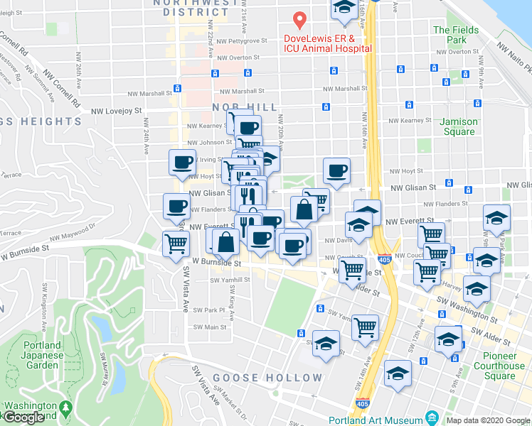 map of restaurants, bars, coffee shops, grocery stores, and more near in Portland
