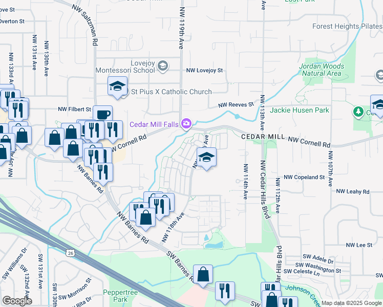 map of restaurants, bars, coffee shops, grocery stores, and more near 11735 Northwest Holly Springs Lane in Portland