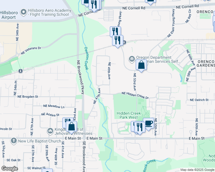map of restaurants, bars, coffee shops, grocery stores, and more near 374 Northeast 49th Avenue in Hillsboro