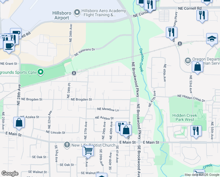 map of restaurants, bars, coffee shops, grocery stores, and more near 3959 Northeast Brogden Street in Hillsboro