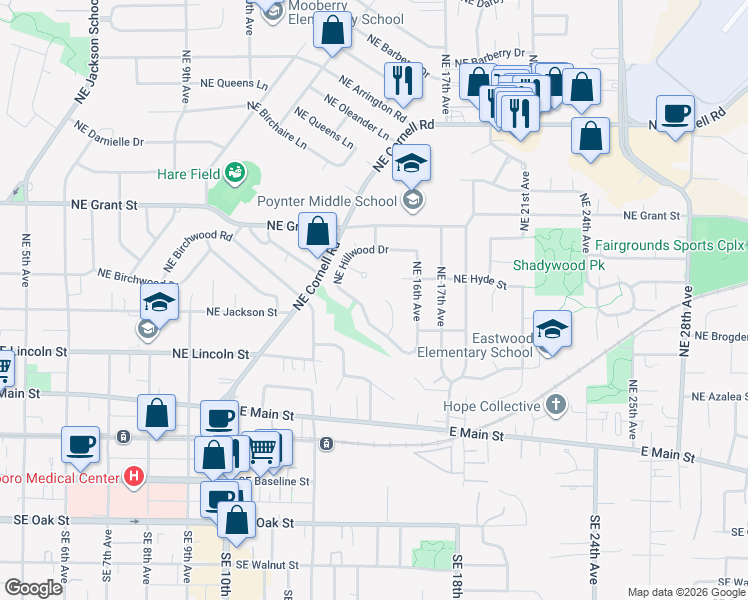 map of restaurants, bars, coffee shops, grocery stores, and more near 343 Northeast 15th Court in Hillsboro