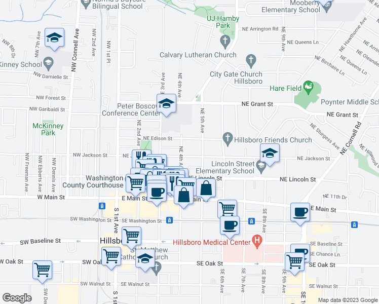 map of restaurants, bars, coffee shops, grocery stores, and more near 432 Northeast Jackson Street in Hillsboro