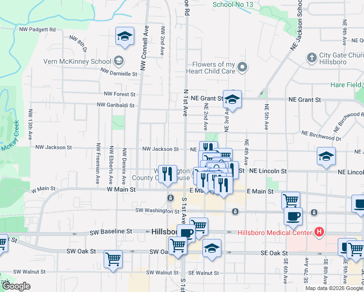 map of restaurants, bars, coffee shops, grocery stores, and more near 106 Northeast Jackson Street in Hillsboro
