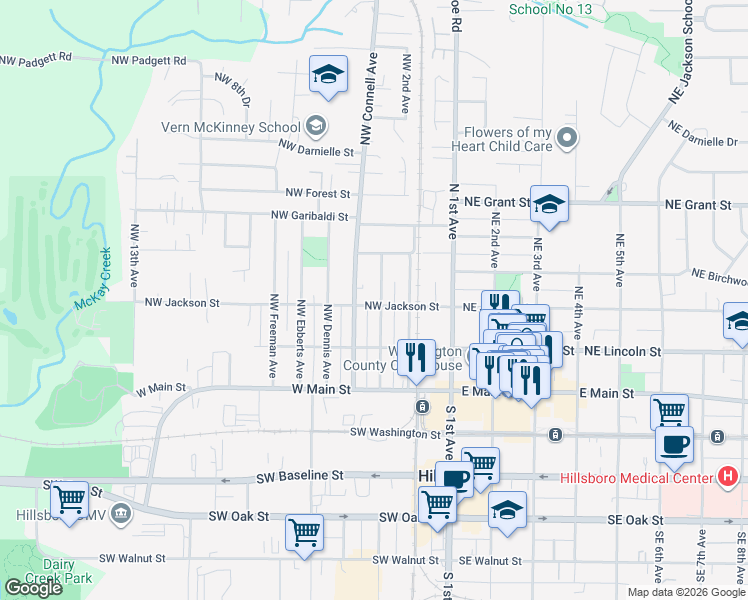 map of restaurants, bars, coffee shops, grocery stores, and more near 278 Northwest Bailey Avenue in Hillsboro