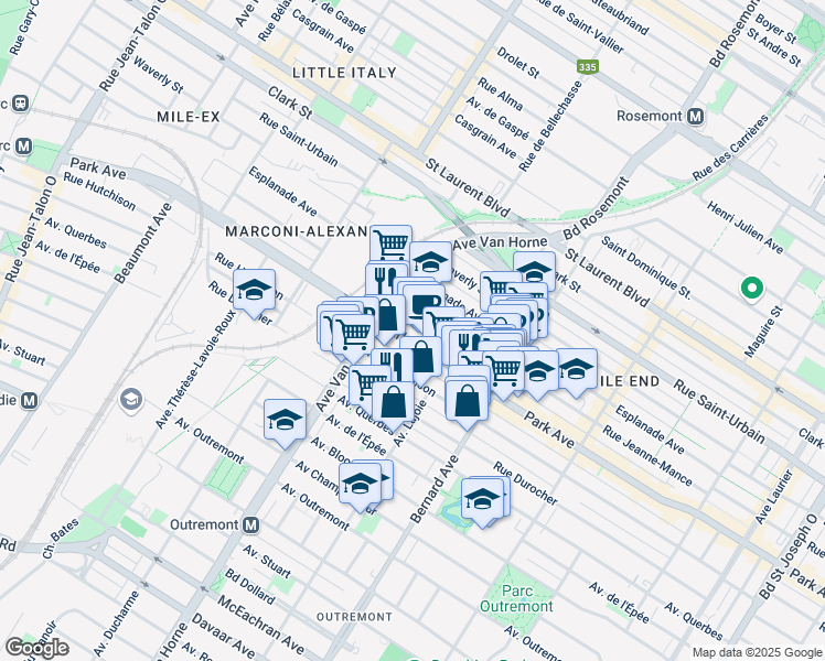 map of restaurants, bars, coffee shops, grocery stores, and more near 6027 Avenue du Parc in Montréal