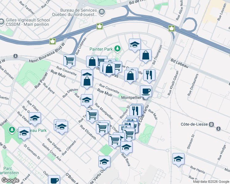 map of restaurants, bars, coffee shops, grocery stores, and more near 1302 Rue Couvrette in Montréal