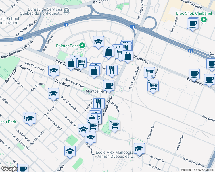 map of restaurants, bars, coffee shops, grocery stores, and more near in Montréal