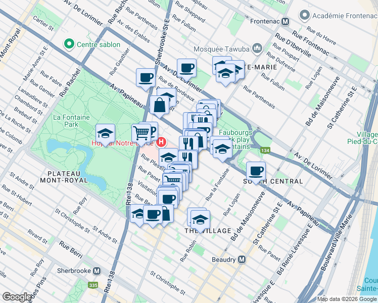 map of restaurants, bars, coffee shops, grocery stores, and more near 2025 Rue De Champlain in Montréal